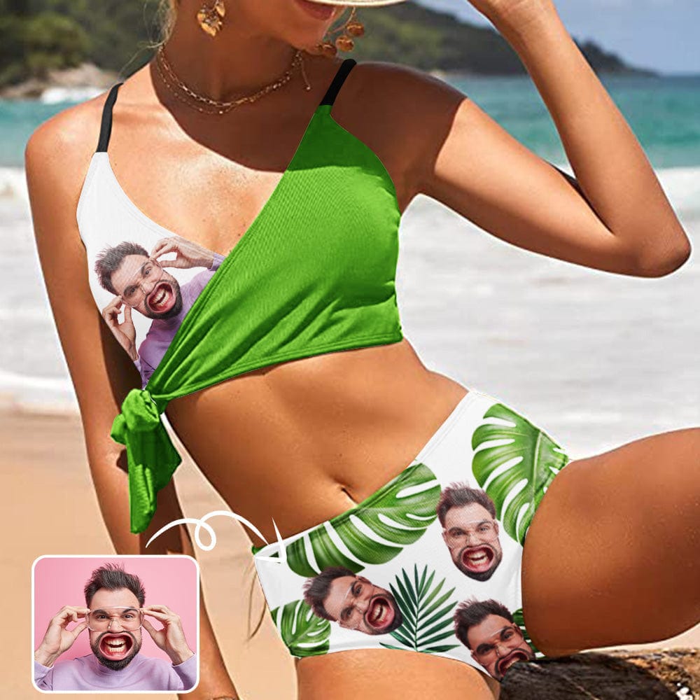 Custom Husband Face Green Leaves Knot Side Bikini Swimsuit Women&