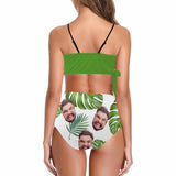 Custom Husband Face Green Leaves Knot Side Bikini Swimsuit Women's Two Piece Swimsuit Personalized Bathing Suit Summer Beach Pool Outfits