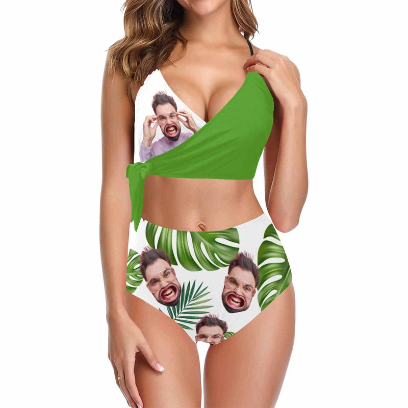 Custom Husband Face Green Leaves Knot Side Bikini Swimsuit Women's Two Piece Swimsuit Personalized Bathing Suit Summer Beach Pool Outfits