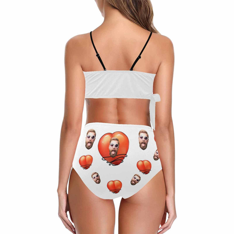 Custom Husband Face Heart Funny Knot Side Bikini Swimsuit Women's Two Piece Swimsuit Personalized Bathing Suit Summer Beach Pool Outfits