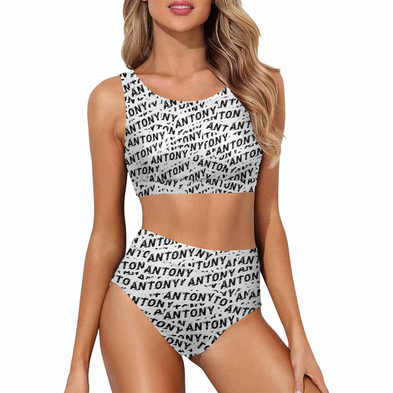 Custom Name Seamless High Crew Neck High Waisted Bikini Personalized Women's Two Piece Swimsuit Beach Outfits