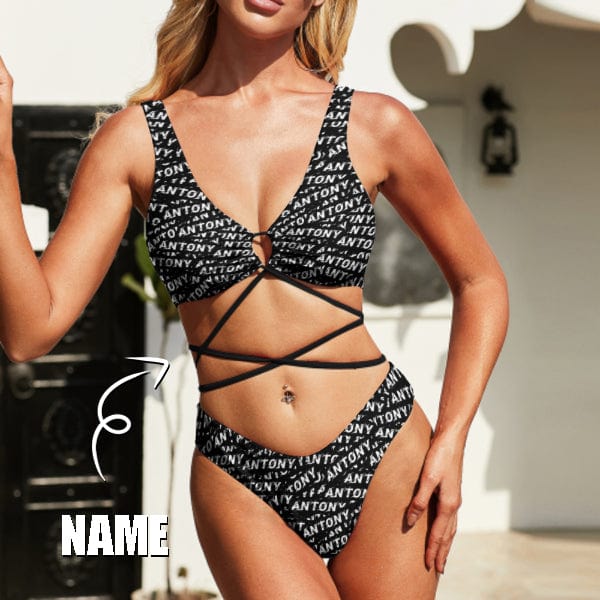 Custom Name Seamless Tie Bond Low Waisted Bikini Bathing Suit Personalized Women&