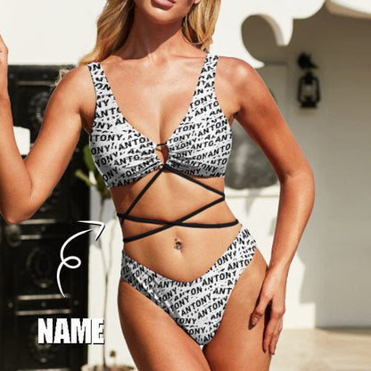 Custom Name Seamless Tie Bond Low Waisted Bikini Bathing Suit Personalized Women&