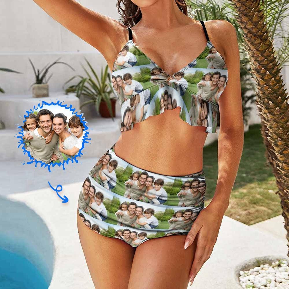 Custom Photo Family V Neck Flounce High Waisted Bikini Personalized Bathing Suit Women&