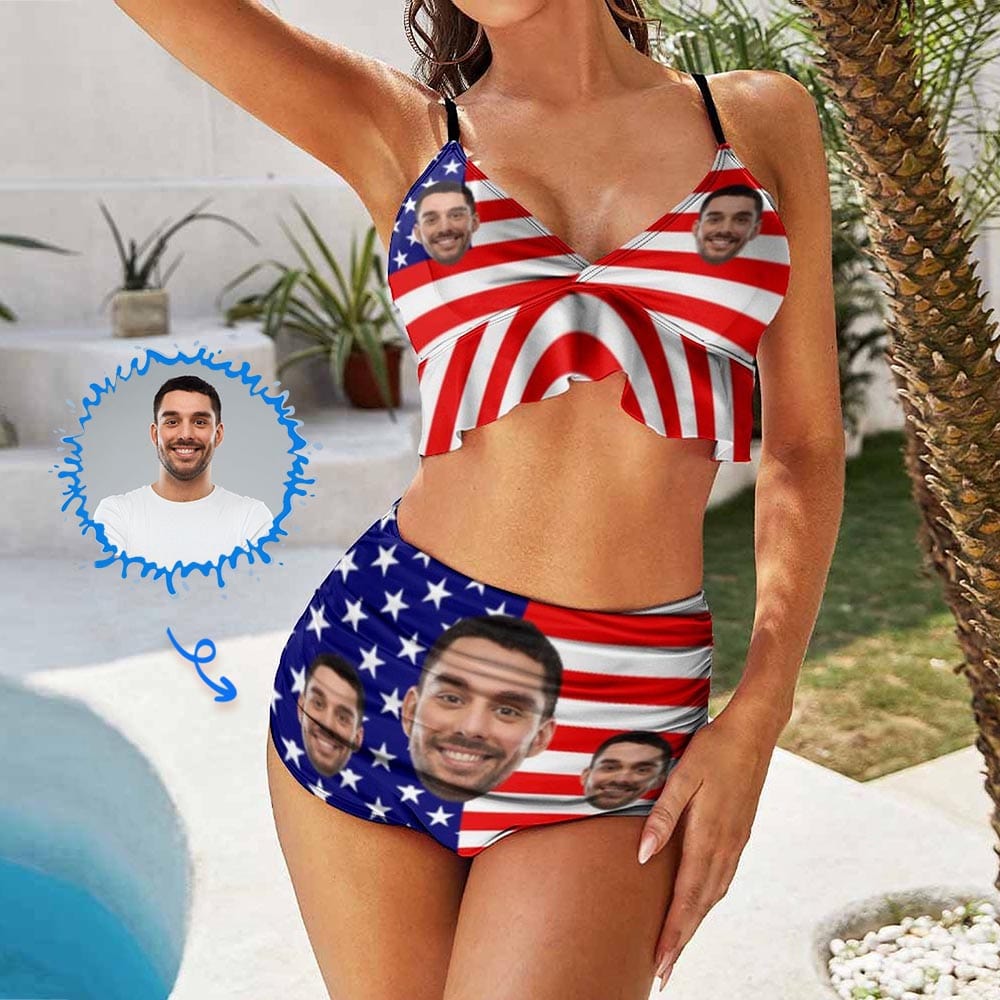 [New Star] Custom Face Flag V Neck Flounce High Waisted Bikini Personalized Bathing Suit Women&