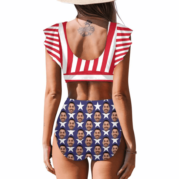#Plus Size Custom Face American Flag Women Ruffle High Waisted Flounce Bikini Set