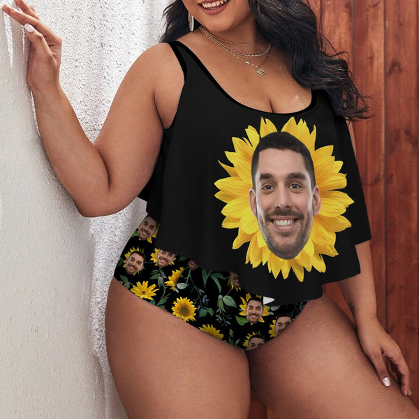 #Plus Size Ruffle Tankini-Custom Face Sunflowers Plus Size Swimsuit Ruffle High Waisted Bikini Personalized Tankini Women's Two Piece Summer Swimsuit Cover Your Tummy
