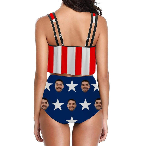 #Ruffle Tankini #4th of July #Plus Size Up 5XL Custom Face American Flag Ruffle Tankini Swimsuit Personalized Women's Two Piece Bathing Suit Summer Set Beach Pool Outfits
