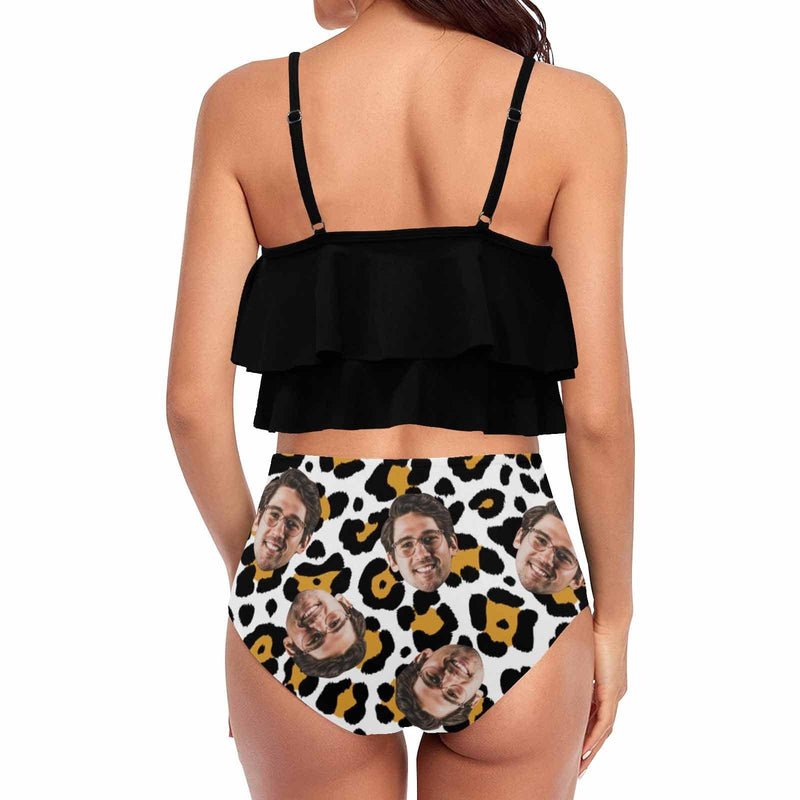 #Tankini Set #Double Ruffled Tankini Custom Face Leopard Ruffle Tankini Personalized Bathing Suit Summer Swimsuit Women's High Waisted Double Ruffle Bikini Set