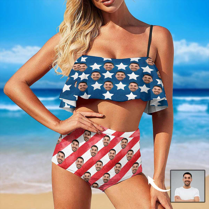 [Top Selling] Custom Face American Flag Ruffle Bikini Swimsuit Personalized Women's Two Piece Bathing Suit High Waisted Summer Beach Pool Outfits