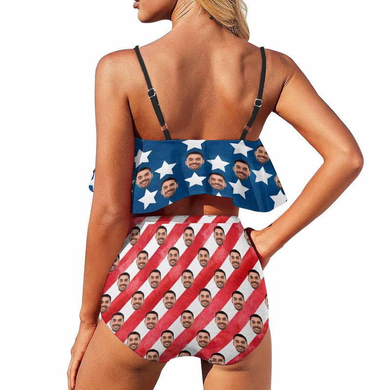 [Top Selling] Custom Face American Flag Ruffle Bikini Swimsuit Personalized Women's Two Piece Bathing Suit High Waisted Summer Beach Pool Outfits