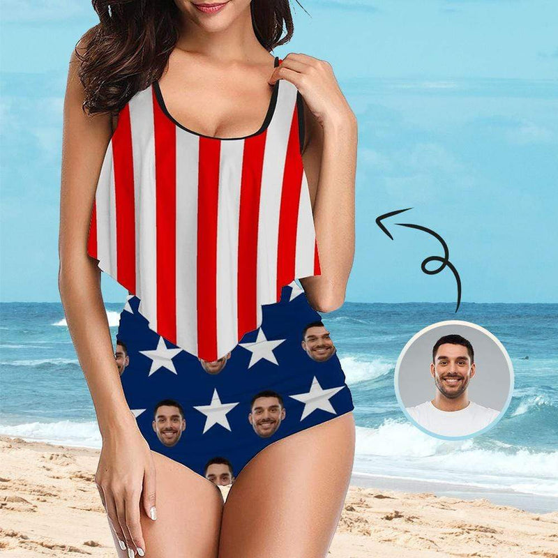 [Top Selling] Custom Face American Flag Ruffle Bikini Swimsuit Personalized Women's Two Piece Bathing Suit High Waisted Summer Beach Pool Outfits