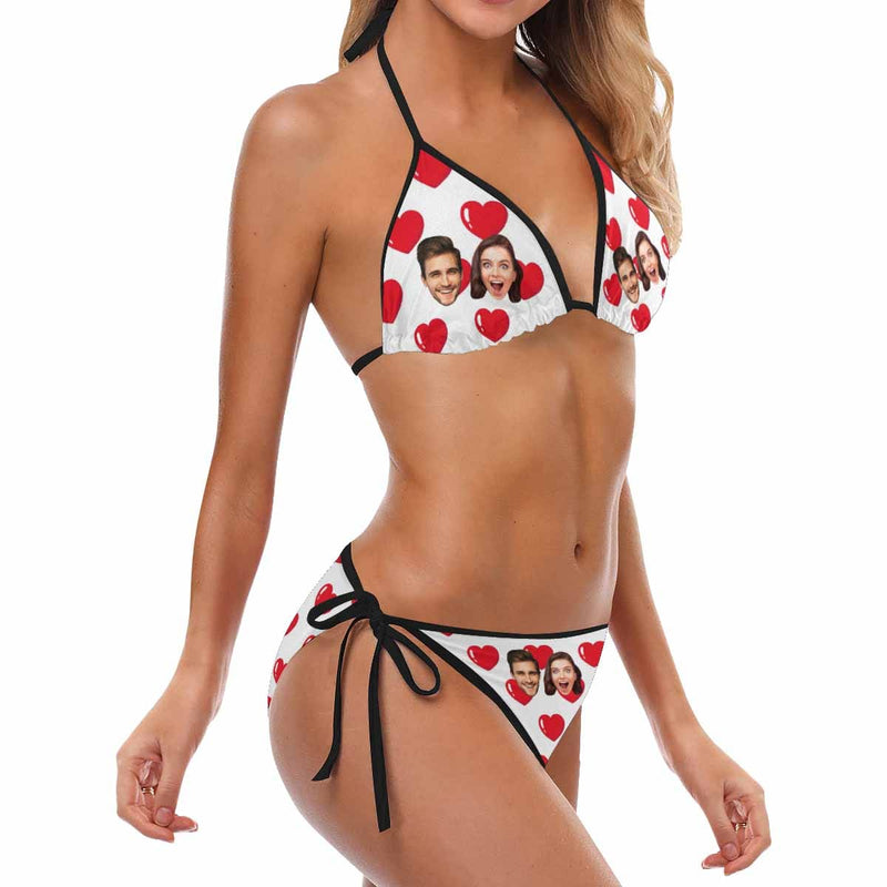 #Couple Matching Swimwear Custom Faces Red Heart String Halter Low Waisted Triangle Two Piece Bikini Set Personalized Men's Stretch Quick Dry Swim Boxer Briefs