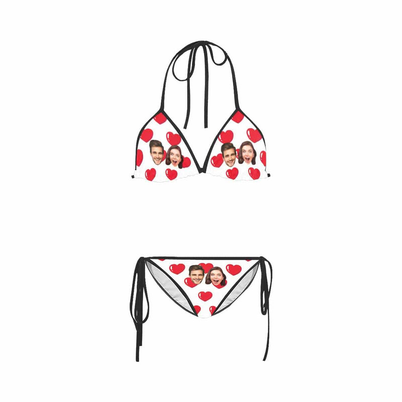 #Couple Matching Swimwear Custom Faces Red Heart String Halter Low Waisted Triangle Two Piece Bikini Set Personalized Men's Stretch Quick Dry Swim Boxer Briefs