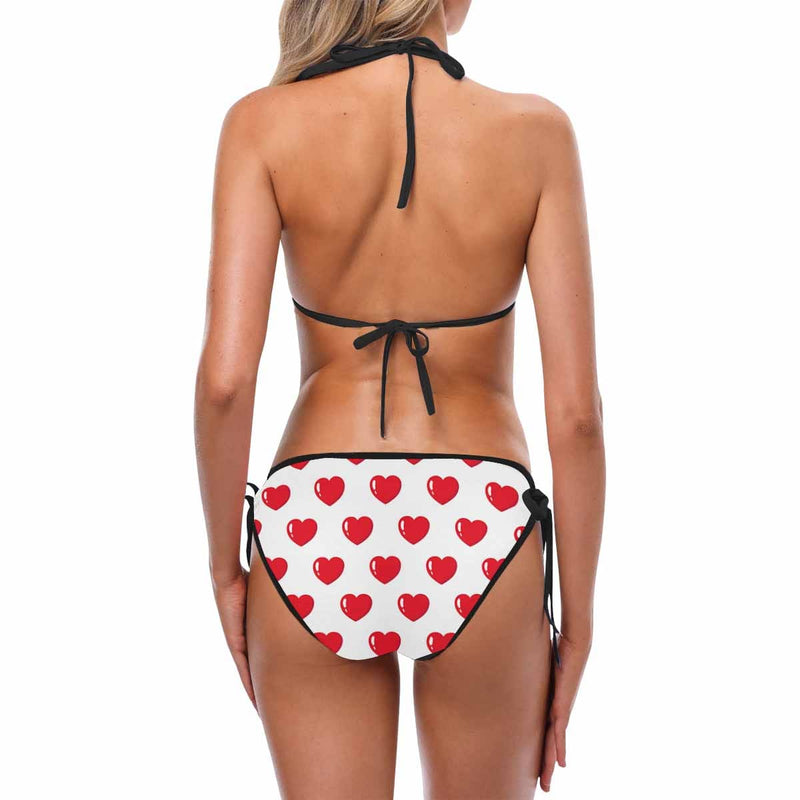 #Couple Matching Swimwear Custom Faces Red Heart String Halter Low Waisted Triangle Two Piece Bikini Set Personalized Men's Stretch Quick Dry Swim Boxer Briefs