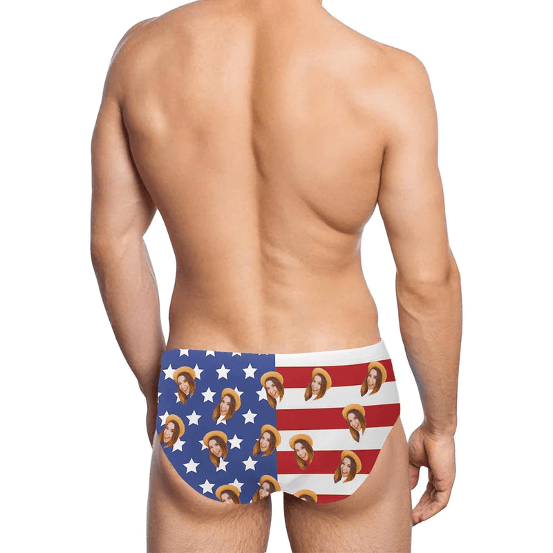 #Couple Matching Swimwear Personalized USA Flag Triangle Swim Briefs Custom Face Side Tie Bikini Swimsuit Bottom America Flag Style Men's Swim Shorts