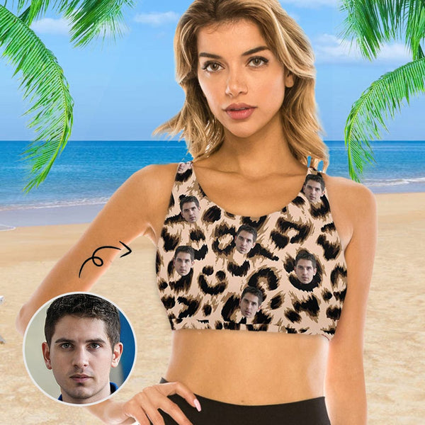 #Crewneck Tank Bikini Top - Custom Face Leopard Print Women's Beach Crop High-Neck Bikini Top