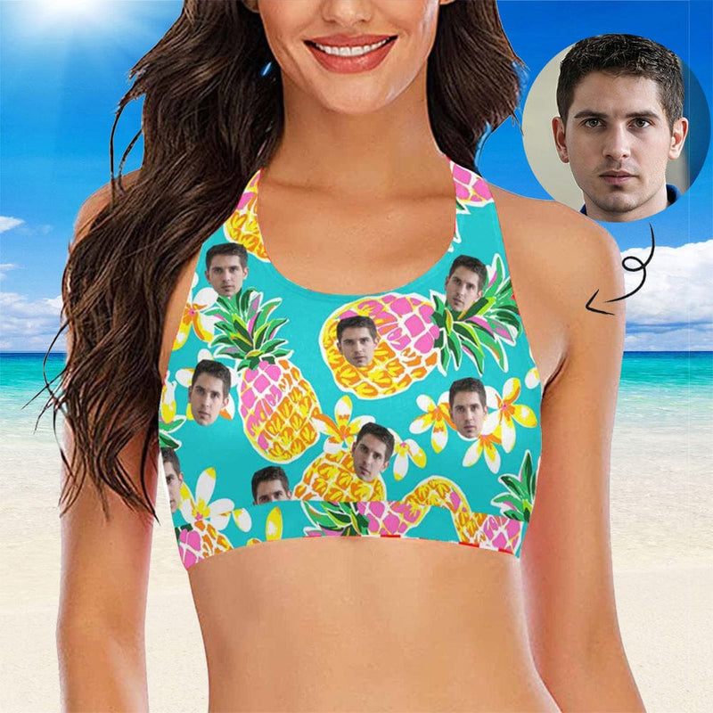 #Crewneck Tank Bikini Top - Custom Face Pineapple Women's Beach Crop High-Neck Bikini Top