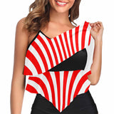 #Double Ruffle Bikini Top-Women's Red Stripes Ruffle Bikini Swimsuit Double Ruffled Swim Top