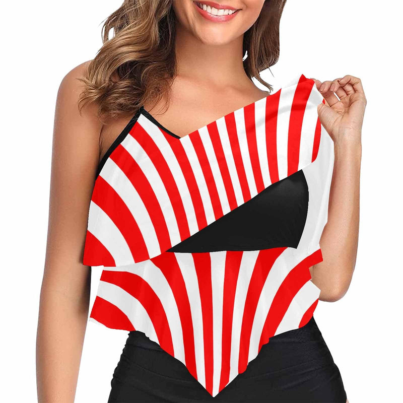 #Double Ruffle Bikini Top-Women's Red Stripes Ruffle Bikini Swimsuit Double Ruffled Swim Top