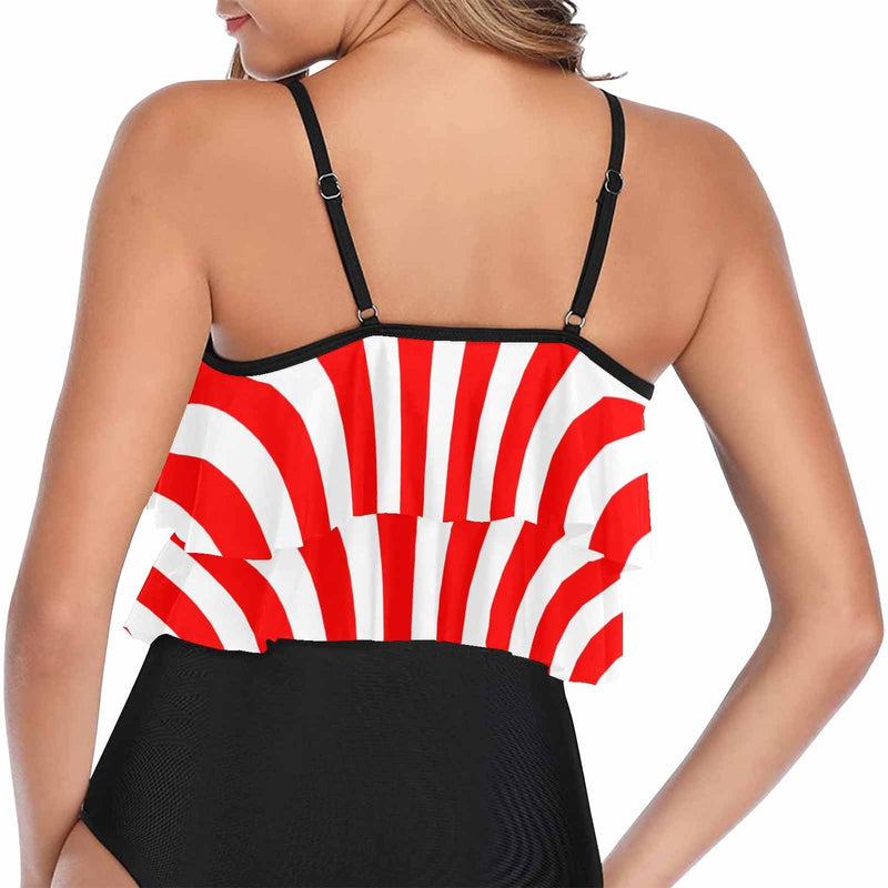 #Double Ruffle Bikini Top-Women's Red Stripes Ruffle Bikini Swimsuit Double Ruffled Swim Top