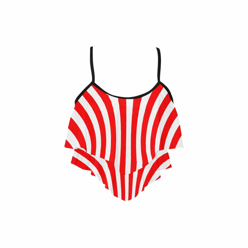 #Double Ruffle Bikini Top-Women's Red Stripes Ruffle Bikini Swimsuit Double Ruffled Swim Top