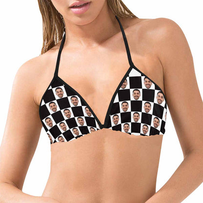 Halter Bikini Top-Custom Boyfriend Face Black White Plaid Personalized Bikini Swimsuit Top