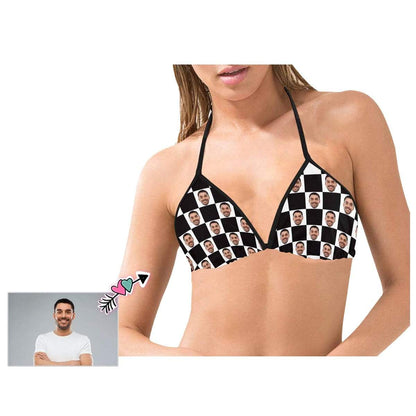 Halter Bikini Top-Custom Boyfriend Face Black White Plaid Personalized Bikini Swimsuit Top