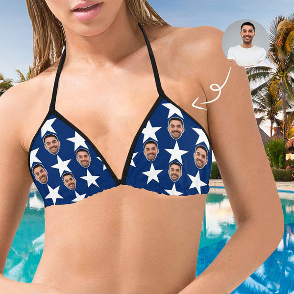 Halter Bikini Top-Custom Boyfriend Face Flag Personalized Bikini Swimsuit Top