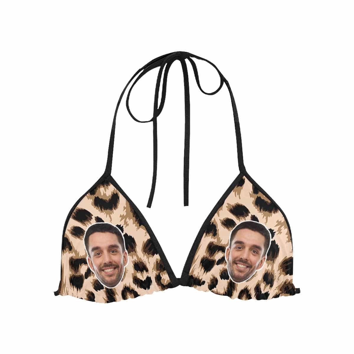 Halter Bikini Top-Custom Boyfriend Face Leopard Personalized Bikini Swimsuit Top