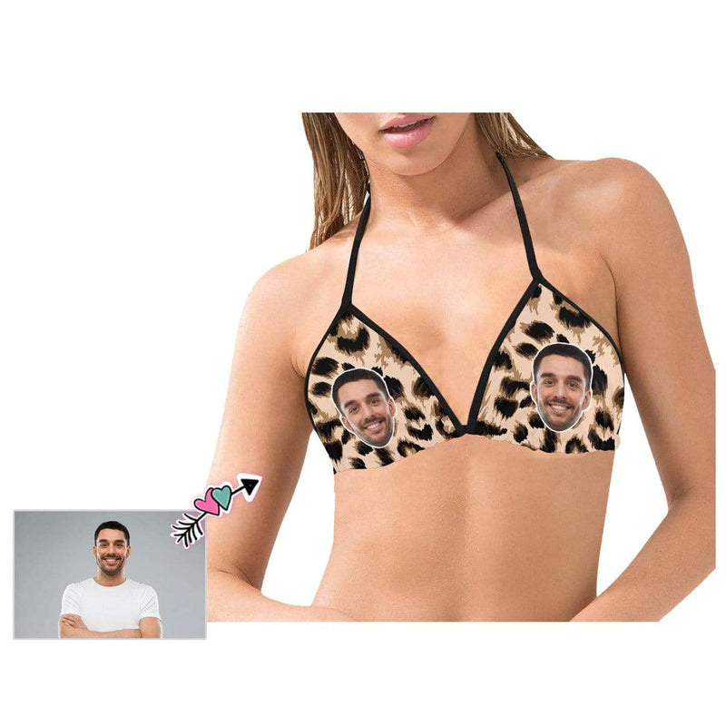 Halter Bikini Top-Custom Boyfriend Face Leopard Personalized Bikini Swimsuit Top