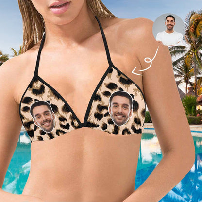 Halter Bikini Top-Custom Boyfriend Face Leopard Personalized Bikini Swimsuit Top