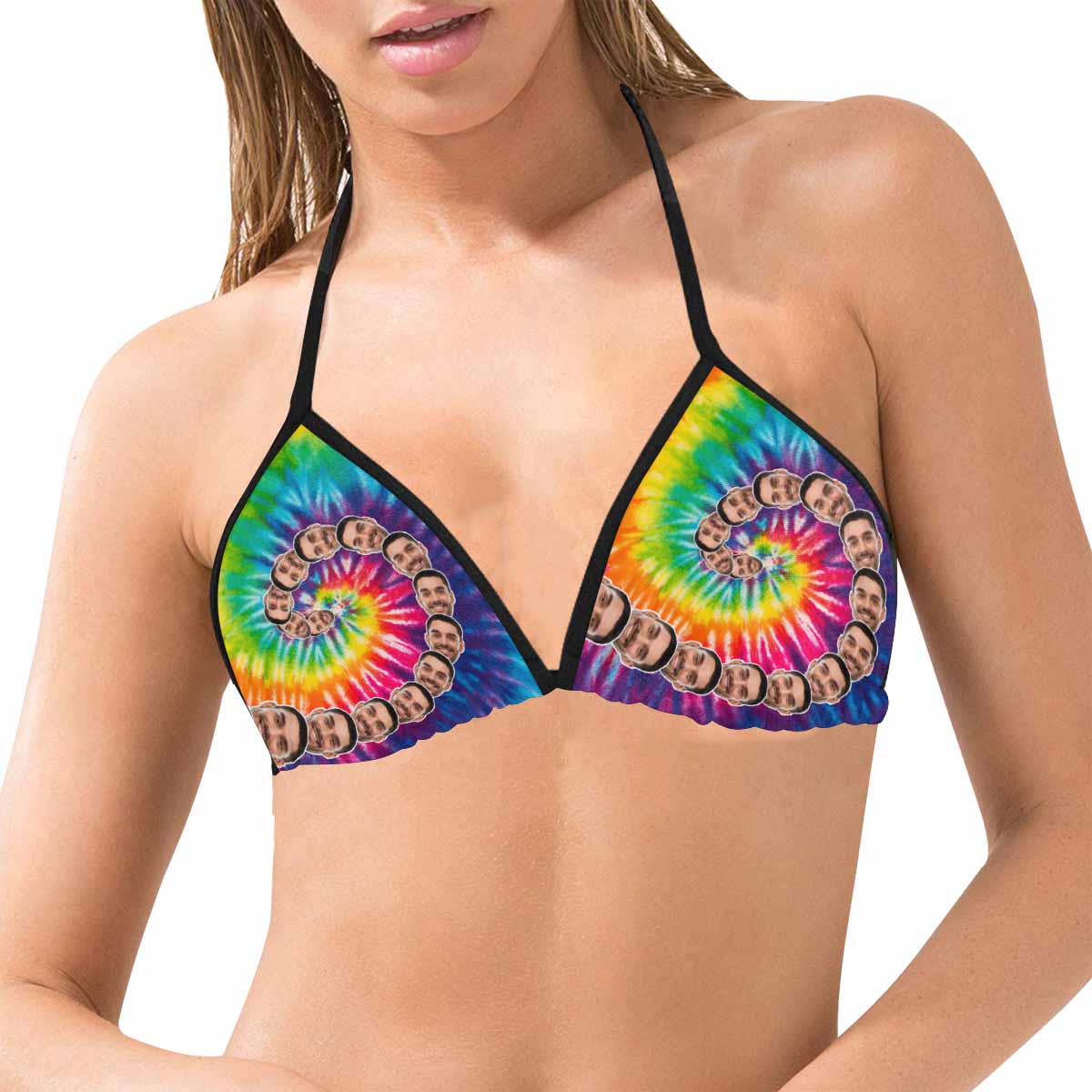 Halter Bikini Top-Custom Boyfriend Face Rainbow Swirl Personalized Bikini Swimsuit Top