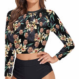 #Long Sleeve Tankini Bikini Top-Custom Face Flowers Long Sleeve Swimwear Top Beach Surf Sunscreen Fashion Cropped Top