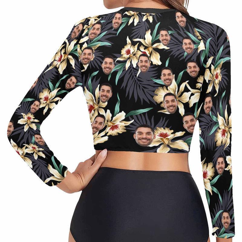 #Long Sleeve Tankini Bikini Top-Custom Face Flowers Long Sleeve Swimwear Top Beach Surf Sunscreen Fashion Cropped Top