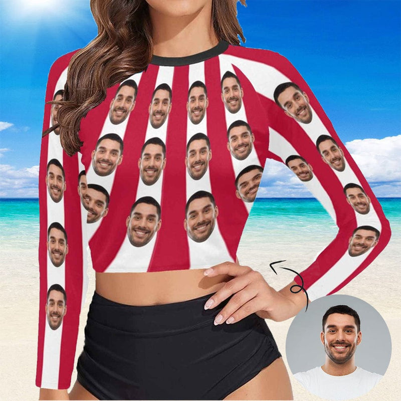 #Long Sleeve Tankini Bikini Top-Custom Face Red&White Strips Long Sleeve Swimwear Top Beach Surf Sunscreen Fashion Cropped Top