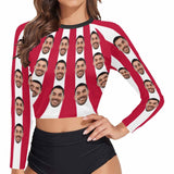 #Long Sleeve Tankini Bikini Top-Custom Face Red&White Strips Long Sleeve Swimwear Top Beach Surf Sunscreen Fashion Cropped Top