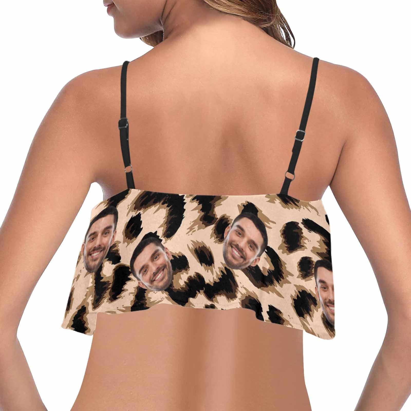 Ruffle Bikini Top-Custom Face Leopard Personalized Bikini Swimsuit Top