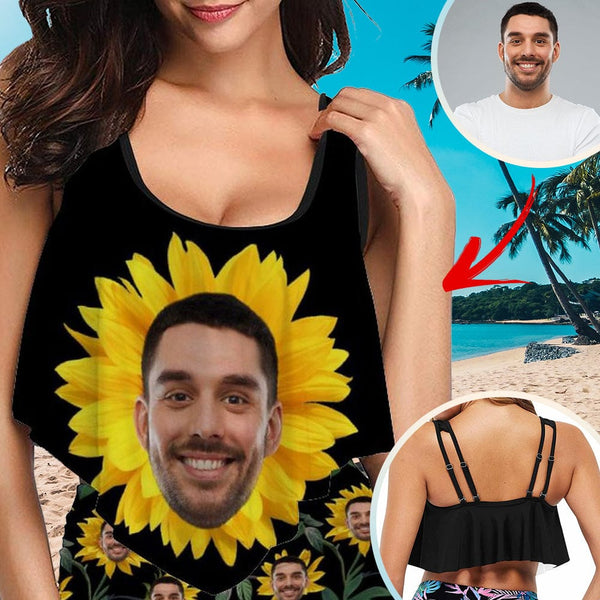 Ruffle Bikini Top-Custom Husband Face Wome Sunflower Bikini Top Swimsuit Ruffle Swim Top