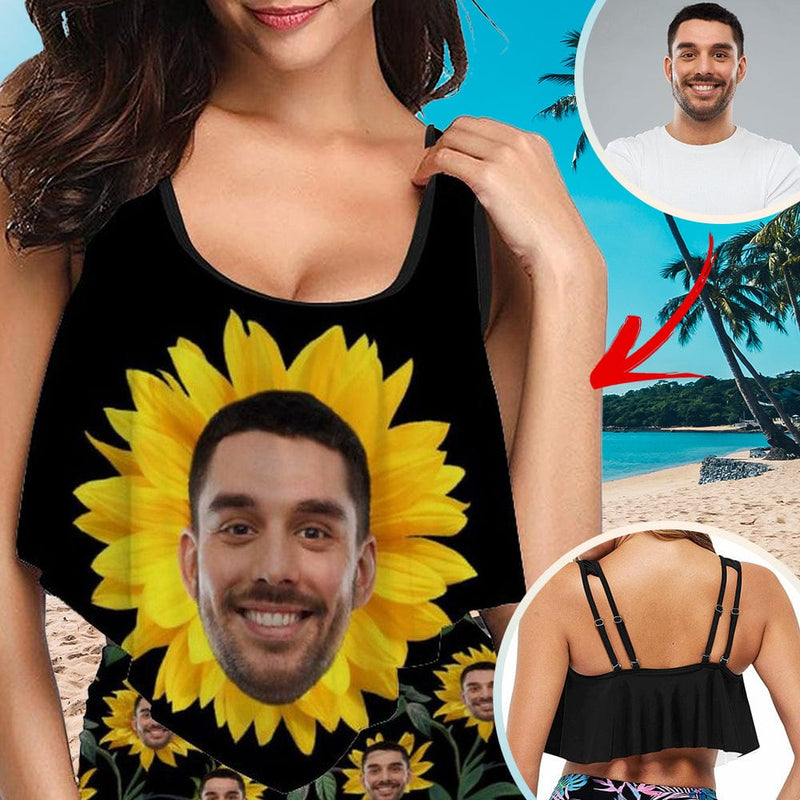 Ruffle Bikini Top-Custom Husband Face Wome Sunflower Bikini Top Swimsuit Ruffle Swim Top