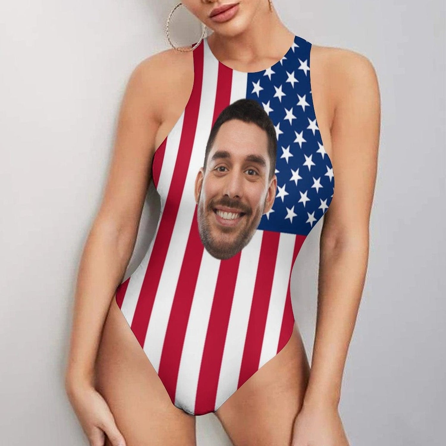 Custom Face US Flag Swimsuit Personalized Bathing Suit Women&