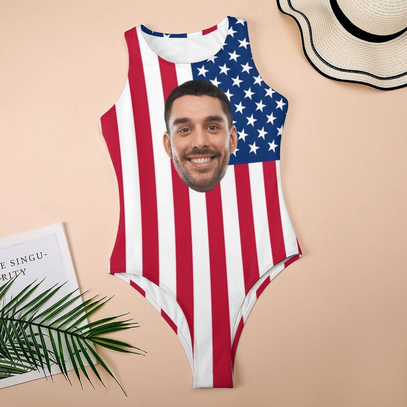 Custom Face US Flag Swimsuit Personalized Bathing Suit Women's Vest Bodysuit Swimsuit Celebrate Holiday Party