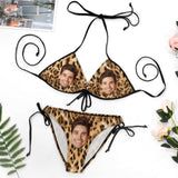 Plus Size Custom Leopard Face Halter Strings Triangle Bikini Personalized Two Piece Swimsuit