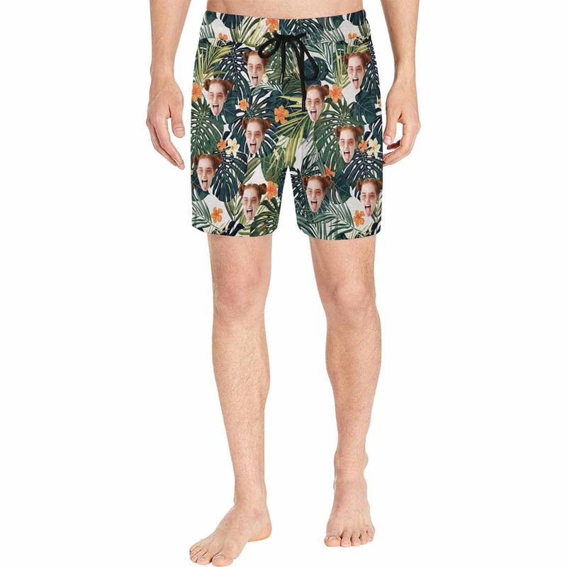 Custom Dark Leaves Face Drawstring Swim Shorts Personalized Gift for Him