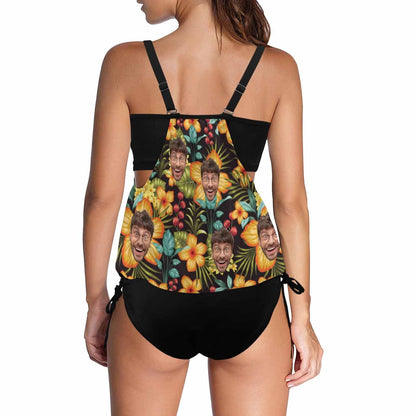 Custom Yellow Flowers Face Two Piece Tankini Personalized Swimsuit Bathing Suit