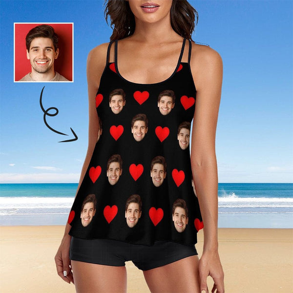 Custom Heart Face Black Tankini Bathing Suit Personalized Two Piece Summer Beach Pool Swimsuit