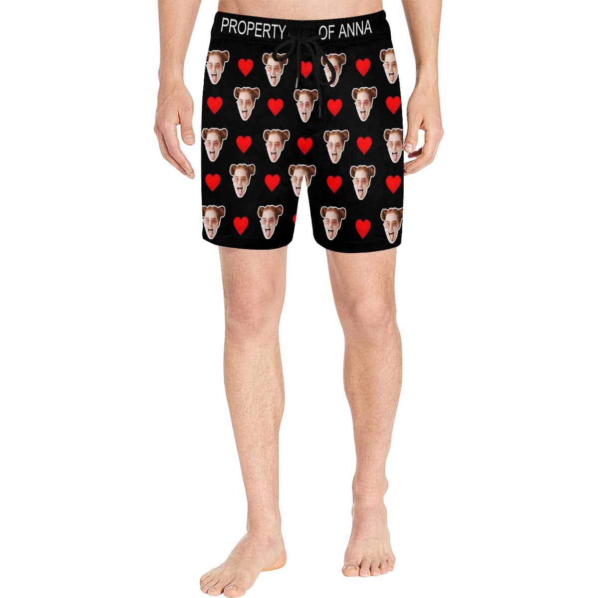 Custom Face Heart Name Black Drawstring Swim Shorts Personalized Gift for Him