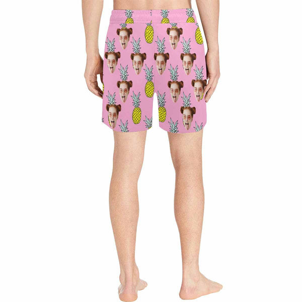 Custom Pineapple Face Pink Drawstring Swim Shorts Personalized Gift for Him