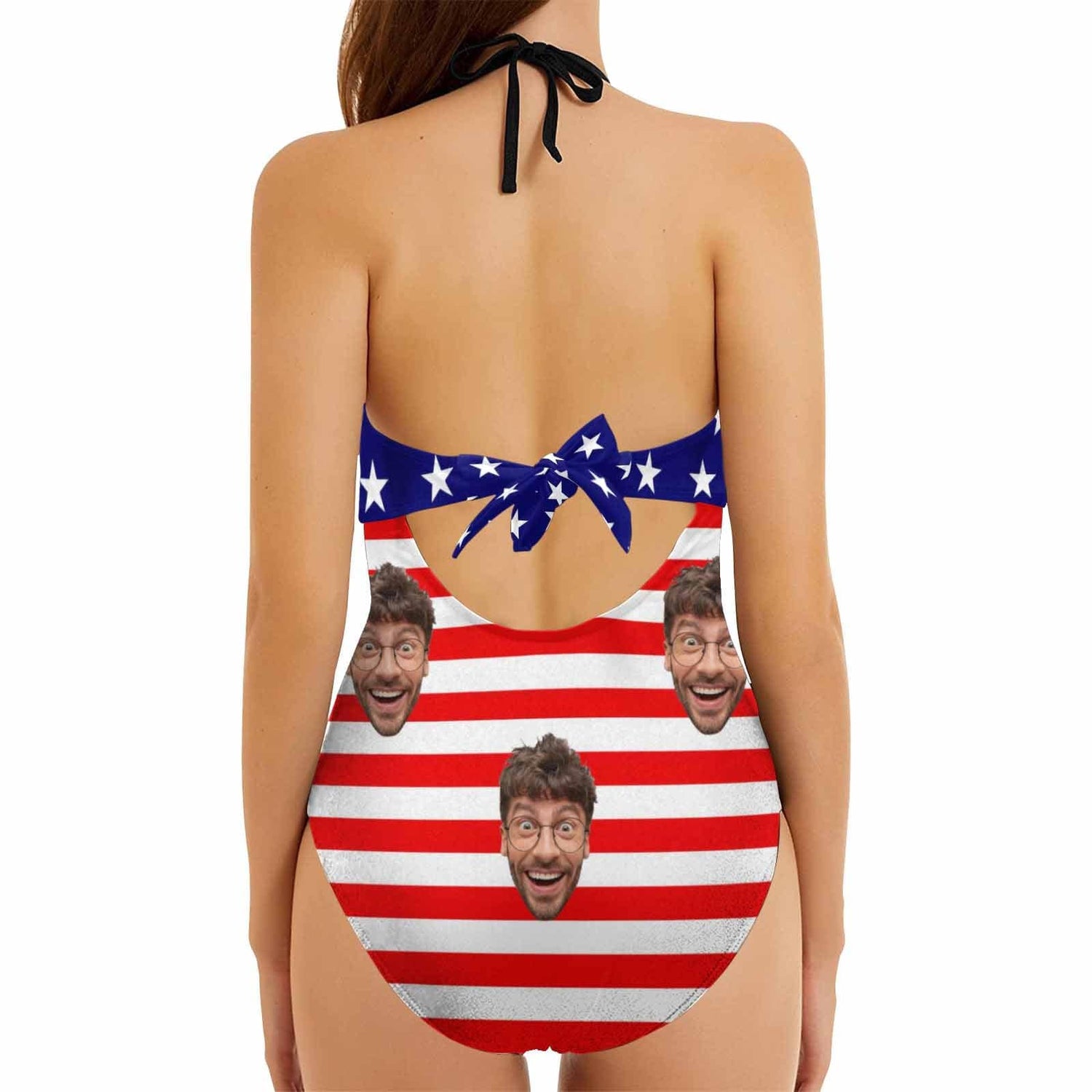 Custom American Flag Face Backless Bow One Piece Swimsuit Personalized Beach Pool Outfit