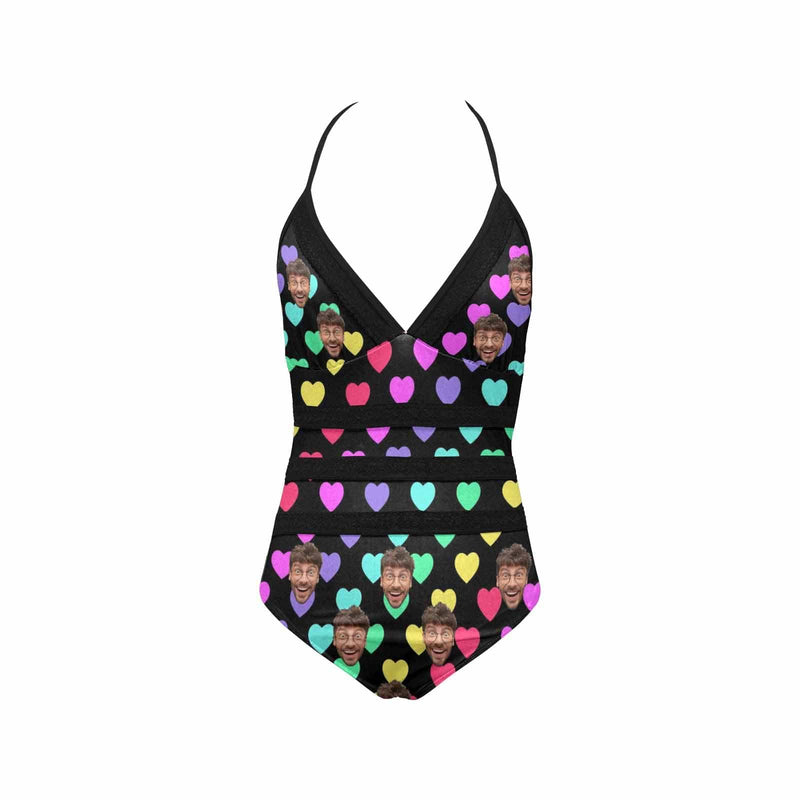 Custom Colorful Heart Face Black Lace Sling One Piece Swimsuit Personalized Beach Pool Outfit Honeymoons Party